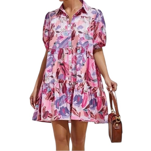 Pink multi colored Floral  Ruffle Hem Smock Dress,baby doll dress,Large,New - Picture 9 of 12